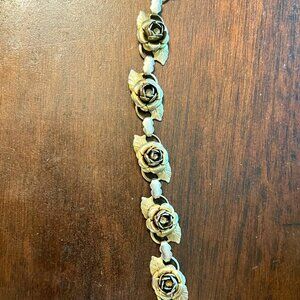 Vintage Unsigned CORO Gold Tone Rose And Crystal Bracelet with earrings